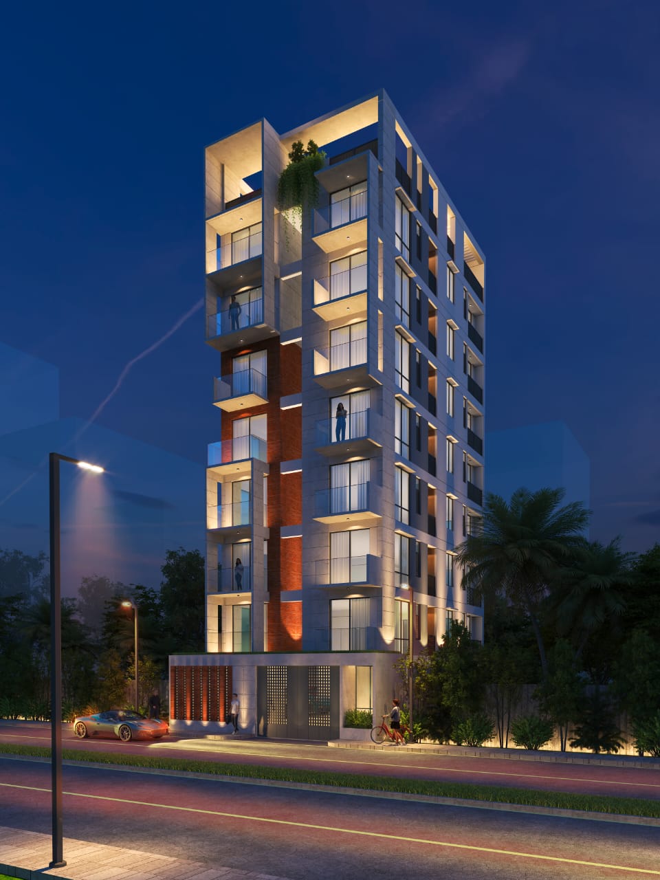 Contemporary residential tower — night view